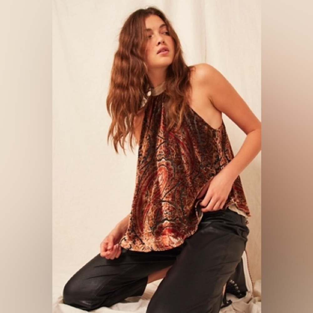 Free People Sz M Jasmine Tank Paisley Burn-Out Velvet Halter Top